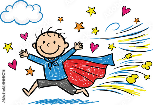 Hand drawn superhero boy running, cute child in red cape and blue shirt, whimsical doodle of a happy kid hero with stars and hearts, vector illustration