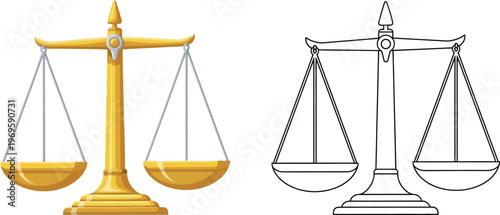 Golden balance scale icon and outline representing justice and legal concepts perfect for law firm branding or courtroom graphics