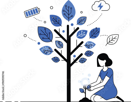 Sustainable green technology tree vector, woman planting digital sapling for eco innovation, renewable energy and environmental growth concept