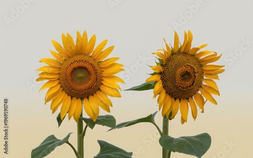 Two vibrant sunflowers standing tall against a soft sky backdrop