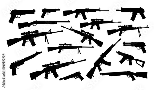 Scattered firearm and gun silhouettes collection with rifles pistols and shotguns black vector icons