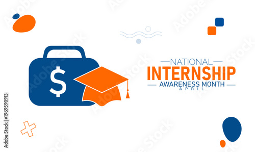 National internship awareness month with briefcase and graduation cap iconography with human resourc