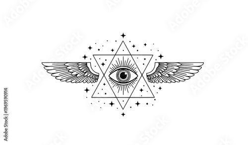 Mystical all seeing eye with geometric triangle cosmic stars and winged spiritual symbol vector illustration
