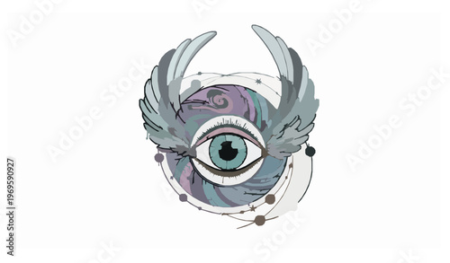 Ornamental all seeing eye with celestial circle galaxy elements and flowing wings vector illustration