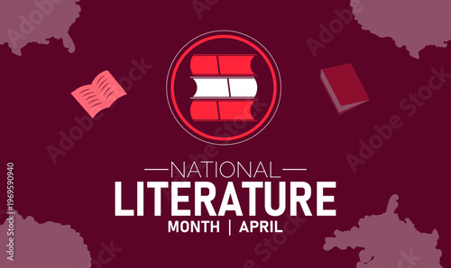 National literature month april graphic with books and emblem with book club