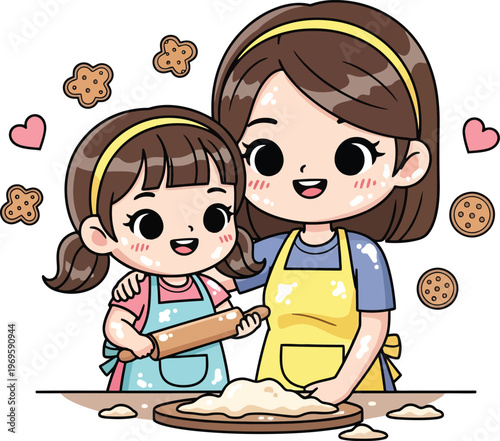 Kawaii mother and daughter baking cookies vector, cute anime style family cooking together, happy mom and child in aprons with rolling pin