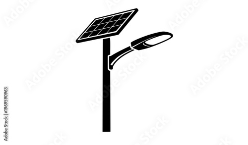 Solar powered street lamp silhouette with panel and modern LED light fixture minimal vector illustration