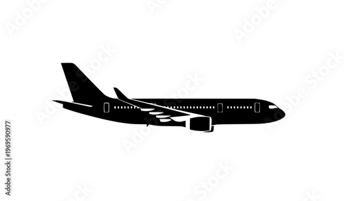 Minimalist commercial airplane silhouette side view clean aviation vector illustration isolated on white