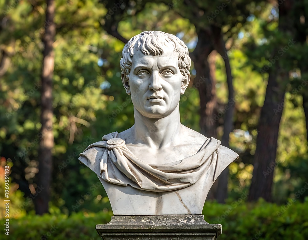 Fototapeta premium A classical marble bust depicting a stern-faced male figure draped in a toga, set outdoors. Lush greenery forms the backdrop