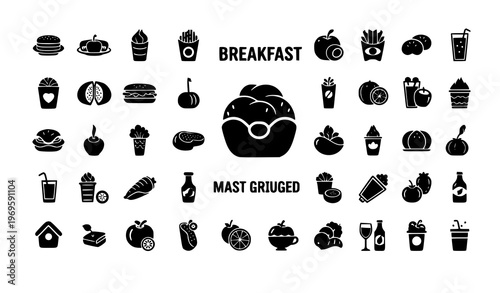 Food and drink silhouette icon groups including breakfast fast food and beverages minimalist vector set