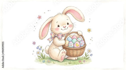 Cute Watercolor Easter Bunny Holding a Basket of Painted Eggs in a Garden