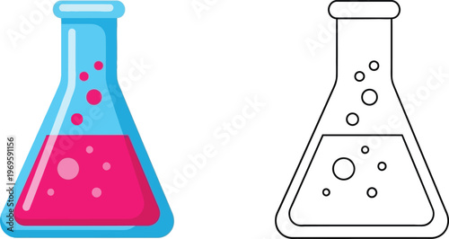 Set of colorful and outline laboratory flasks with pink liquid and bubbles flat vector illustration for science and education concepts isolated on white