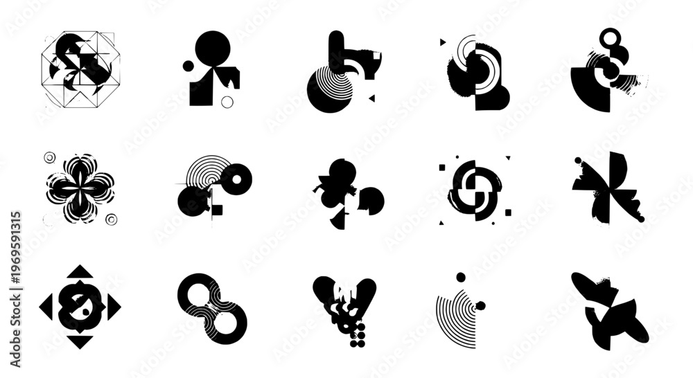Obraz premium Abstract art icons set with geometric shapes and patterns in black and white featuring design, vector, illustration with modern and minimalist