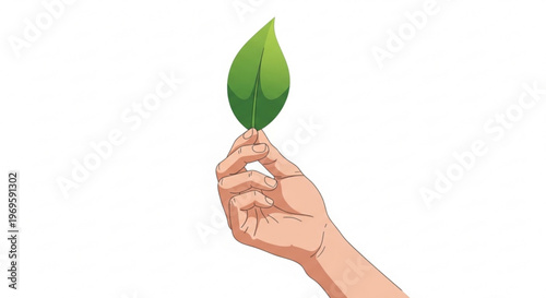 Close up human hand gently holding a single vibrant green leaf symbolizing nature growth and ecological awareness with a clean white background