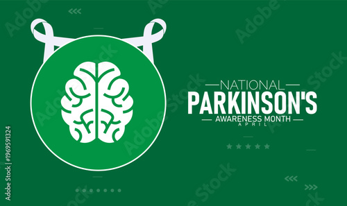 National parkinson's awareness month with green ribbon and brain icon with parkinson