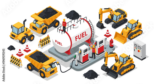 Isometric vector illustration of yellow construction vehicles fueling at busy fuel station depot