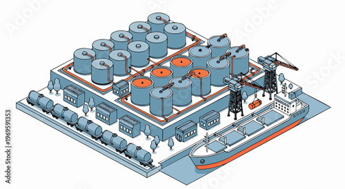 Isometric vector illustration of offshore industrial platform with blue and orange modules