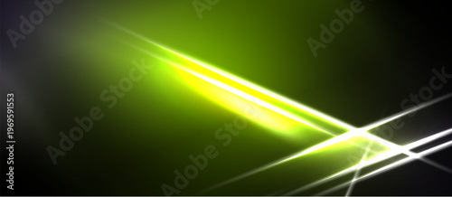 Abstract light streaks, vibrant green hues dominate dark background. Diagonal lines create dynamic visual effect. Brightness contrasts sharply.