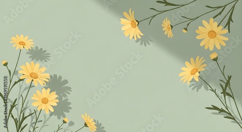 Minimalist Wildflower Corner Background with Sunlight Shadow Overlay