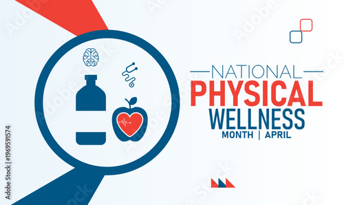 National physical wellness month graphic with food and water icons with water bottle