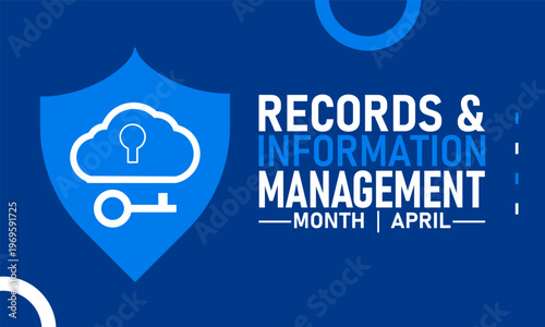 Records and information management month cloud and key on shield with secure storage