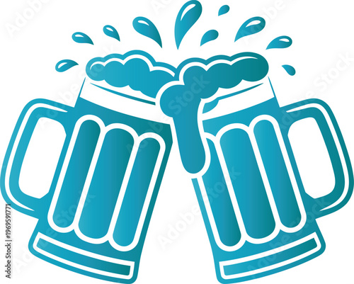 Two teal beer mugs clinking together with foam and droplets