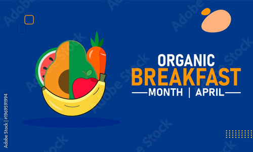 Organic breakfast month april fruits and vegetables on blue background with food and drink