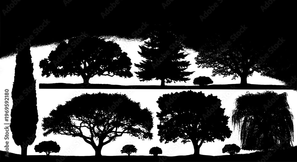 Obraz premium Trees silhouette set with various shapes and sizes in black and white featuring nature, landscape, forest with park and garden elements for outdoor,