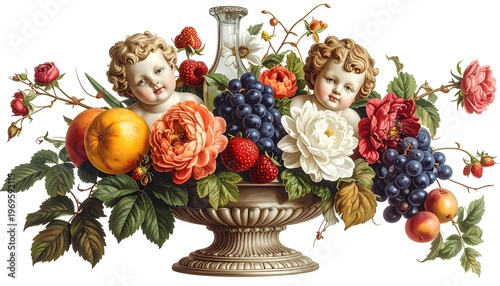A classical still life with two cherubic figures, abundant flowers, and various fruits in a decorative urn