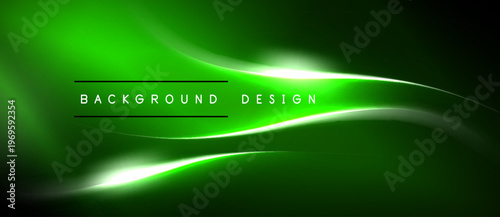 Abstract green background. Smooth curves, bright lines create dynamic visual effect. Text reads background design. Modern, sleek presentation.