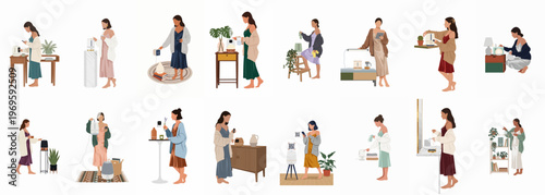 Daily Rituals: A serene collection of illustrations showcases a woman's graceful routines within her home environment, highlighting mindful living and self-care practices.