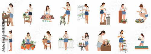 The Green-Thumbed Muse: A sequence of artistic snapshots captures a woman in a diverse array of interactions with plants and gardening elements, creating a lifestyle tableau. 