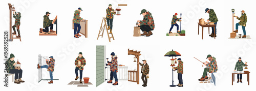 Artisan's Daily Endeavors: A collection of illustrations showcasing the diverse tasks and skills of a skilled artisan as they engage in craftmanship.