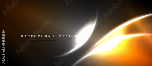 Abstract background features smooth curves, orange glow, gray shades. Modern design evokes energy, dynamism, sophistication.