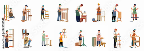 Artisans at Work: A collection of skilled artisans meticulously crafting fine furniture, showcasing the artistry and dedication involved in woodworking and craftsmanship.