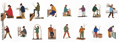 Crafting in the Field: A collection of skilled individuals engaged in the art of building and arranging wood structures, surrounded by the natural beauty of an open field.