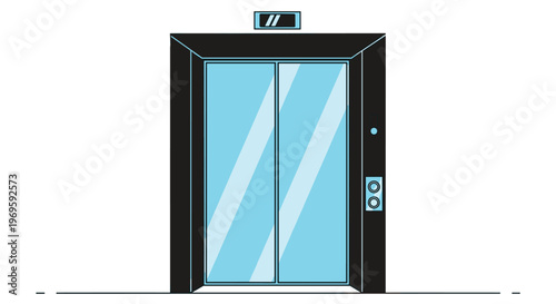 Modern elevator entrance with sleek black frames and blue glass doors featuring a digital floor indicator and call buttons.