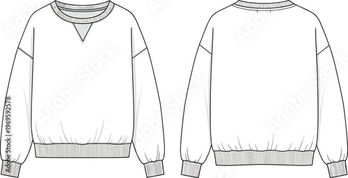 Oversized sweatshirt technical sketch, front and back view, long sleeve fleece pullover, apparel vector illustration