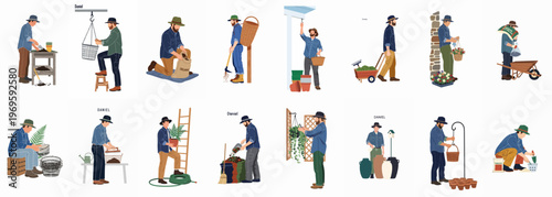 Gardener at Work: A collection of illustrations depicting a gardener at work, engaged in various horticultural tasks, showing dedication, passion, and meticulous care.