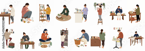 Crafting Moments: A collection of figures deeply engaged in the art of creation, meticulously crafting handmade pieces, their concentration unwavering as they breathe life into each unique creation.