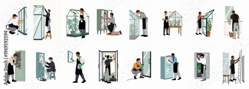 Greenhouse Gardening: A detailed illustration showcasing the process of constructing and maintaining a greenhouse.