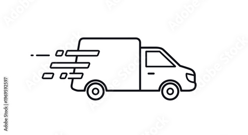 Minimalist black outline icon of a fast-moving delivery van with speed lines representing efficient logistics and shipping services.