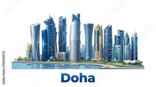 Doha, Qatar modern city skyline illustration with skyscrapers and bay on white background, urban architecture vector art