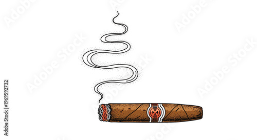 Classic lit cigar illustration featuring glowing ash and thin swirls of grey smoke rising against a clean white background.