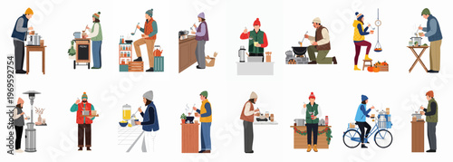 Winter Market Scene: A colorful illustration capturing the hustle and bustle of a vibrant winter market, filled with people shopping, interacting, and enjoying the festive atmosphere.