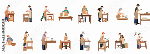 Pottery Workshop: An illustrative depiction of pottery artisans crafting various ceramic forms within a communal workshop, showcasing the art of creation and collaboration.