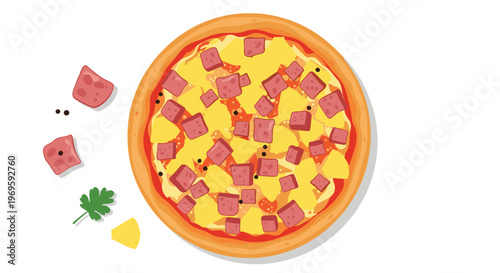 Classic Hawaiian pizza illustration featuring square pieces of ham juicy pineapple chunks and black olives on a melted cheese base.