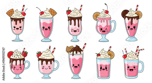 Collection of ten adorable kawaii style milkshakes featuring various toppings like strawberries cherries and cookies with cute faces.