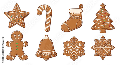 Set of eight festive gingerbread cookies featuring classic shapes like a star candy cane stocking tree person bell and snowflake.
