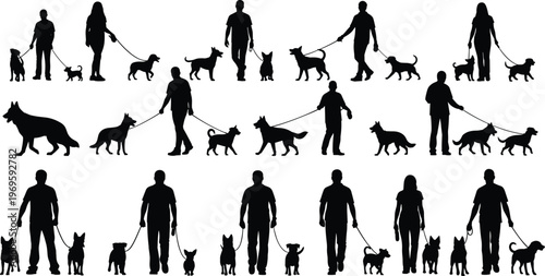 People walking with dogs silhouette set, men and women exercising pets on leashes, vector illustrationPeople walking with dogs silhouett